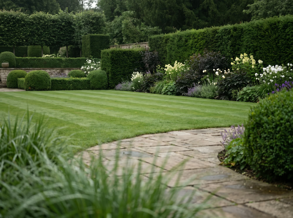 A designed garden with clipped hedging and a stone path